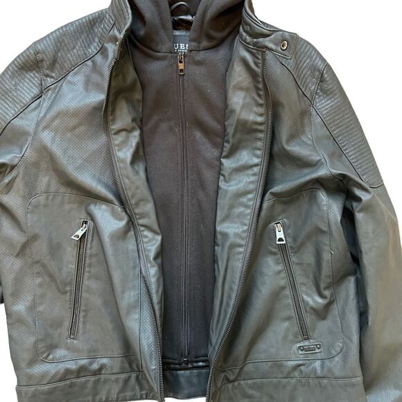 GUESS Black Hooded Lightweight Vegan Faux Leather Moto Zip Jacket - Picture 7 of 16